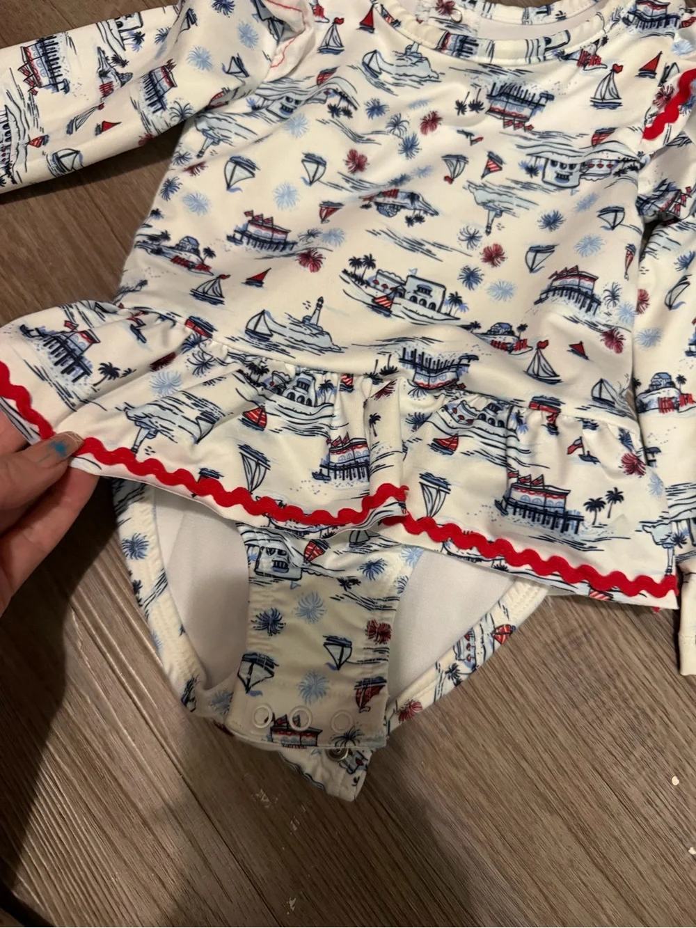 Long-Sleeve Swim Set in Cream with Red & Blue Nautical Print- 18month- nwot